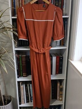 SheIn Vintage Inspired Prairie Rust Belted Midi Dress with Puff Sleeves As Is